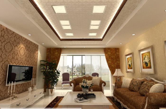 lyx-vardagsrum-i-beige-brun-soffa-chic-stil-dubbla tak-gardiner-med-led-lampor