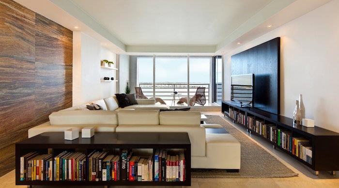 moderná minimalistická obývačka s policovým vinylovým nábytkom kallax