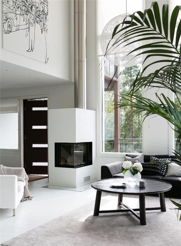 moderný loft s dizajnovou bielou obývacou izbou a luxusným krbom