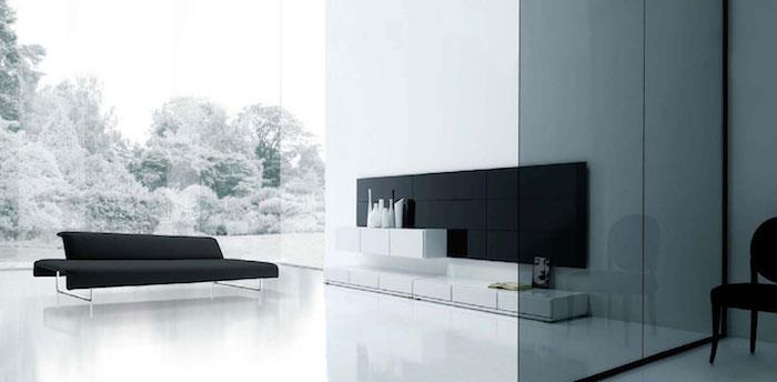 moderná minimalistická škandinávska obývačka čierno biele deko