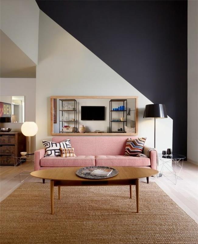 obývačka-dvojfarebná-sivá-biela-ratanová-koberec-sedačka-bledo-ružová-stena-čierna-béžová