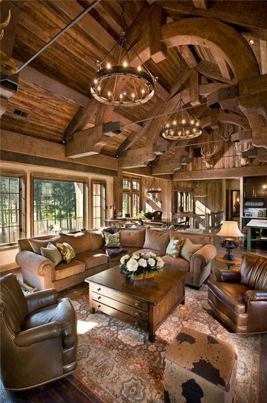 kožený-obývací-drevený-stôl-kvety-okno-drevený-strop-kožená sedačka