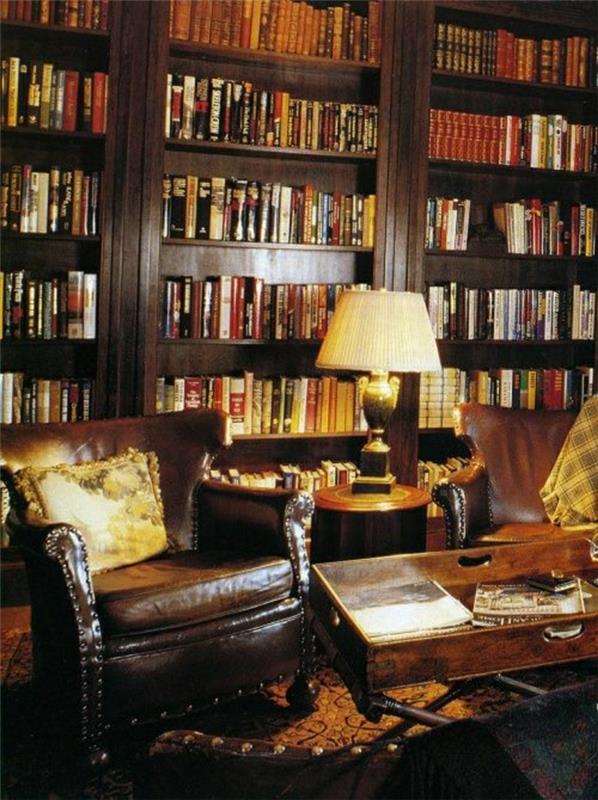 obývačka-kreslo-v-tmavo-hnedej-koži-knižnici-v-dreve-tmavo-hnedej-knihách