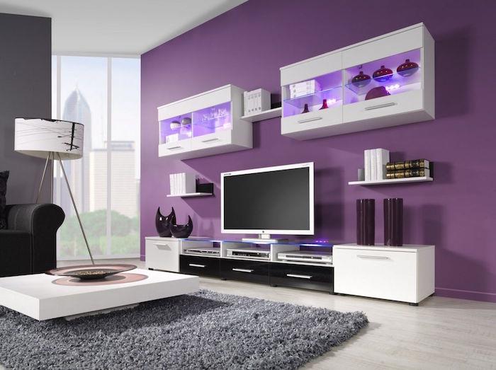 farebný nápad na prerobenie modernej obývačky, minimalistickej fialovej a bielej obývačky