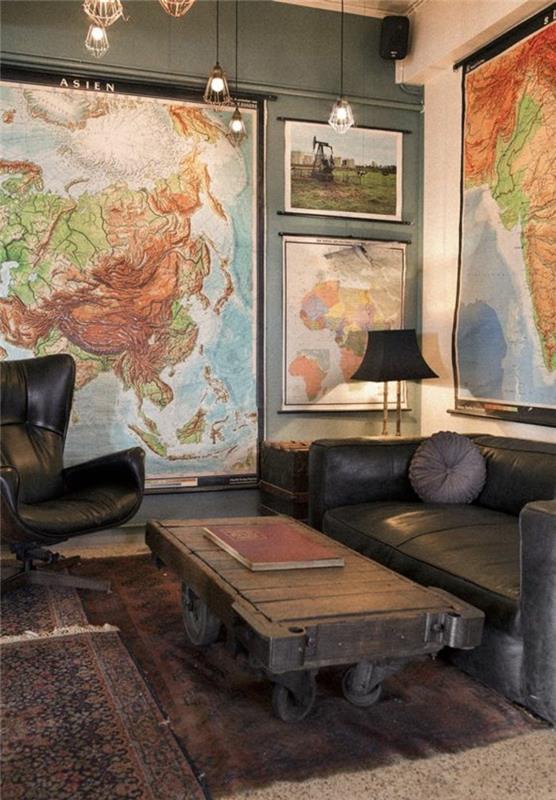 ريفي-غرفة المعيشة-جلد-أريكة-أصلية-طاولة-حائط-عالم-خريطة