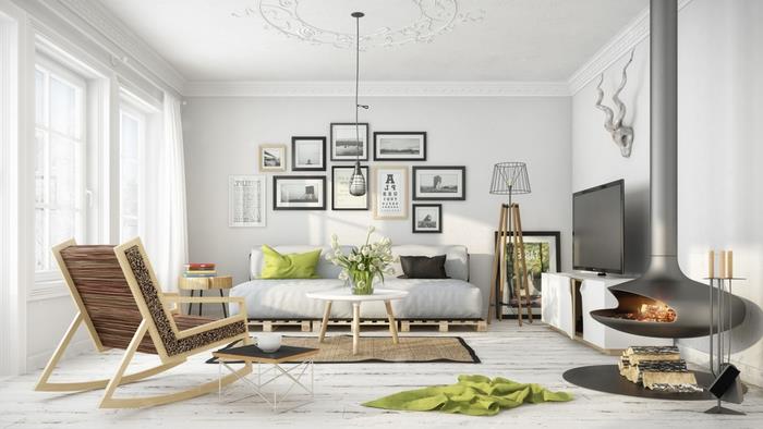 moderná obývačka v sivobielom prevedení v škandinávskom štýle s čistým dizajnom s paletovou sedačkou
