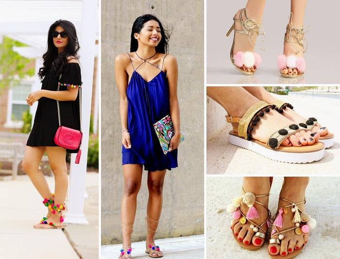 ako nosiť DIY strapcové sandále, modelové zlaté platformové sandále s mini čiernymi strapcami