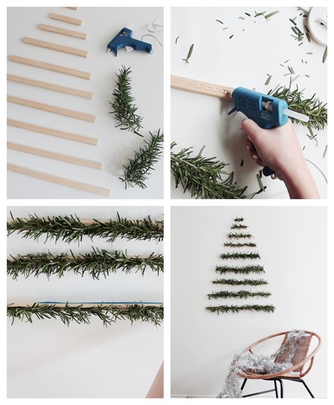 výroba originálneho vianočného stromčeka z drevených lamiel s borovicovými vetvami pripevnenými na stenu, škandinávska vianočná dekorácia na stenu