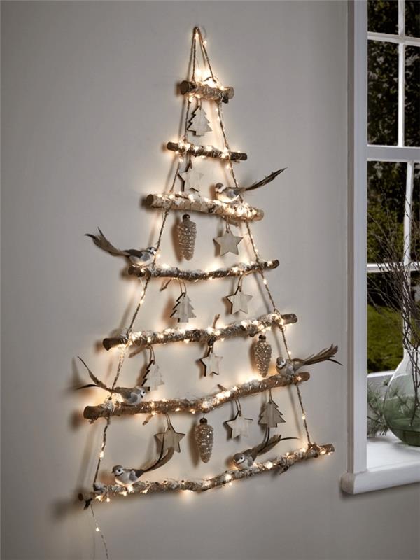enkel DIY för jul med grenar och snöre, julgranidé med hängande design att göra hemma