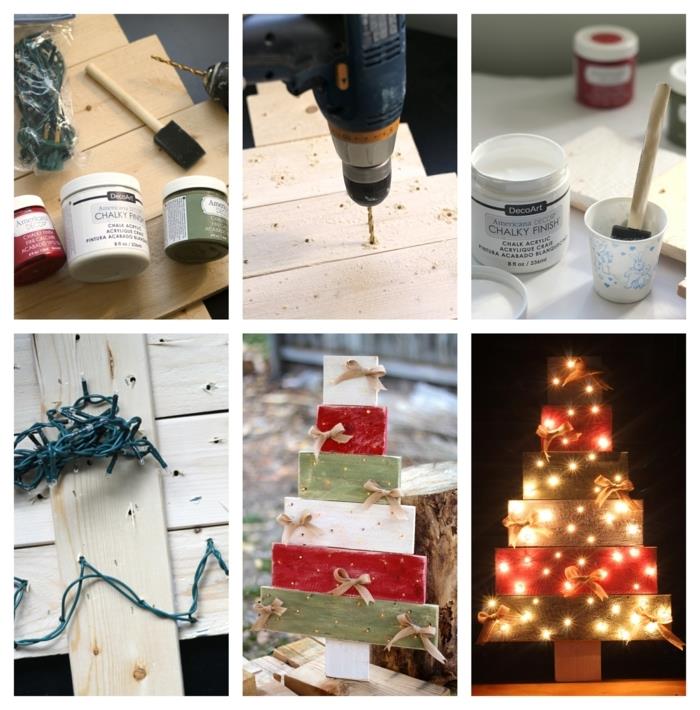 drevený vianočný stromček, kriedová farba, elektrická girlanda, pytlovinové stuhy, vŕtačka