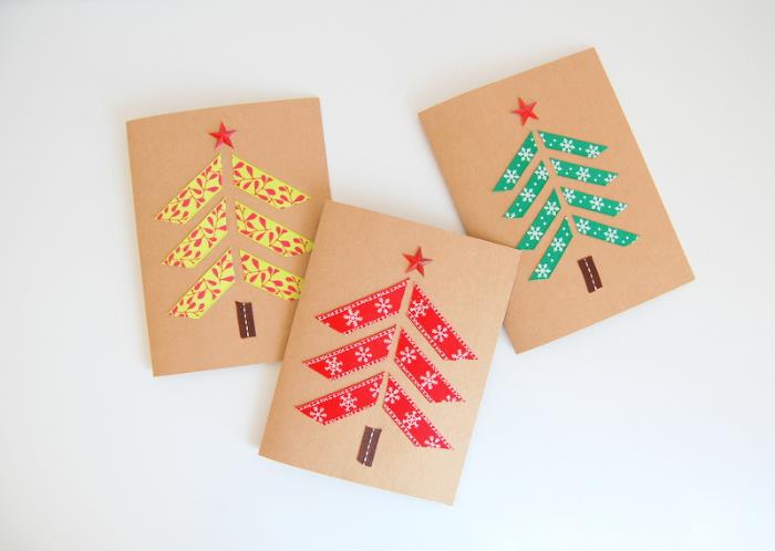 شجرة عيد الميلاد ديي نمط بطاقات المعايدة عيد الميلاد في شرائط زخرفية وجذع جلدي على ورق كرافت
