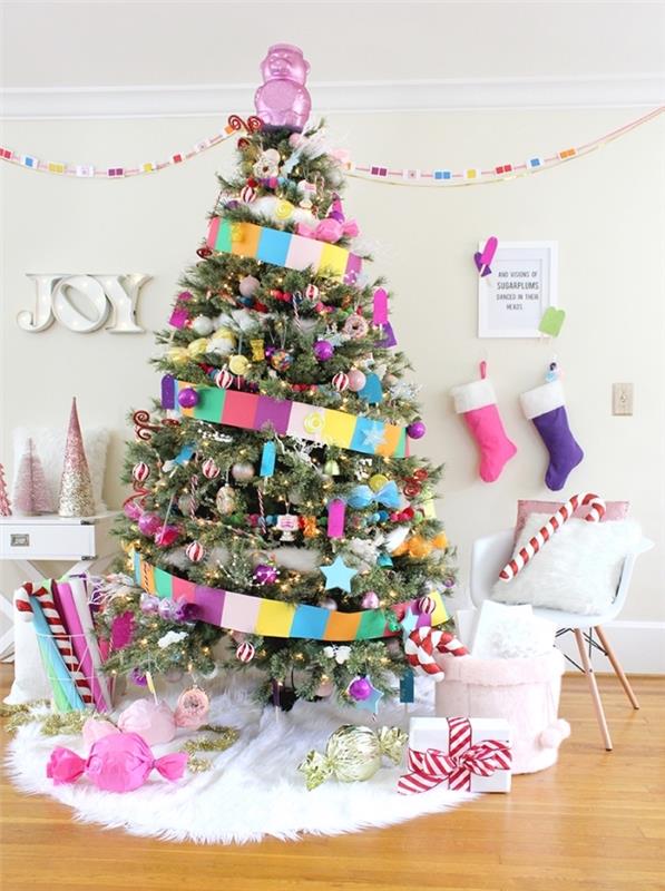 exempel hur man dekorerar ett barns rum till jul med ett stort träd, julgransdekoration på ett konfektyrtema