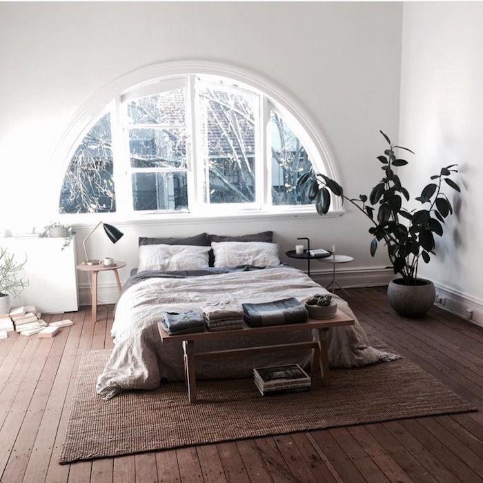 Ideálna farba do spálne pre dospelých, elegantná kačica, modrá, výzdoba interiéru spálne, hnedý koberec, biela spálňa, zelená rastlina