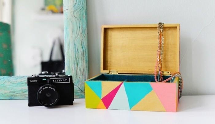 Regalini fai da te ، scatola portagioielli di legno ، decorata con motivi geometrici di vario colore