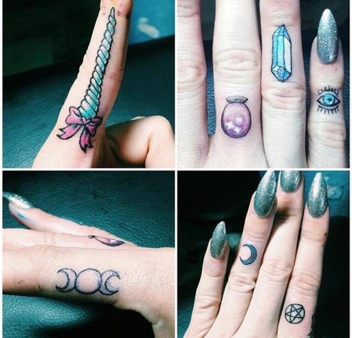 Farebné tetovanie ženských prstov, kryštál a tetovanie jednorožca