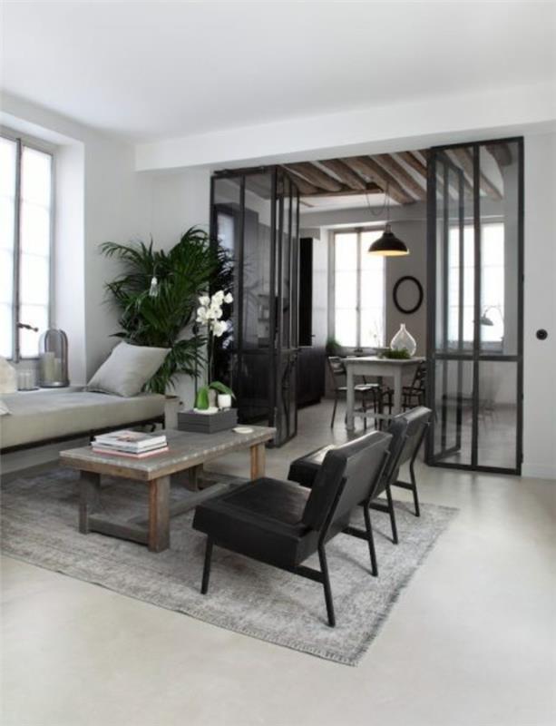 pekne oddelená kuchyňa obývacia izba, presklená strecha s krídlovými dverami, čierne stoličky, sivý koberec, minimalistický interiér