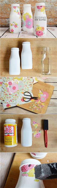 decopatch Nápad na vytvorenie decoupage s fľašami na mlieko, florauckými vzormi, ktoré sa majú držať, návod krok za krokom, čo robiť, keď sa nudíte