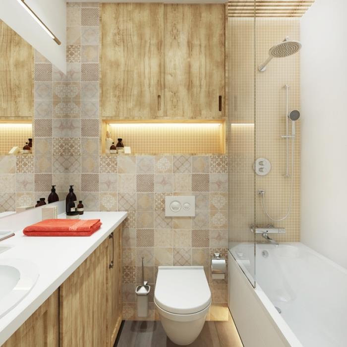 begränsad plats badrumsmodell inredd i beige och vita färger, hur man ordnar litet utrymme med badkar dusch