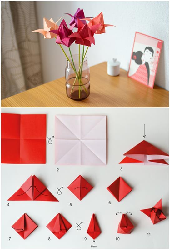 origami remeselné činnosti na jar, jednoduché skladacie kroky origami papierového tulipánu