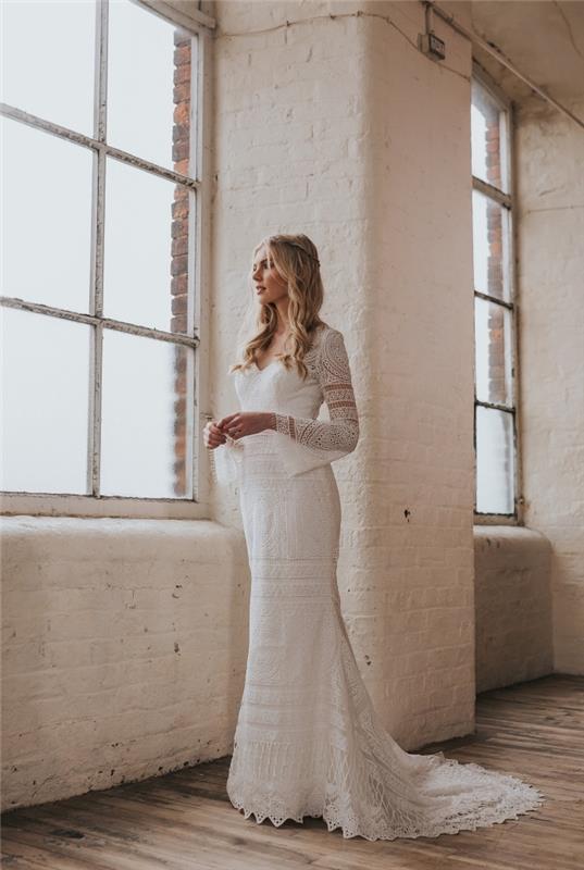 bridal couture fashion 2019, bohemian chic design sjöjungfru klänningsmönster med blommiga spets- och macrame -mönster