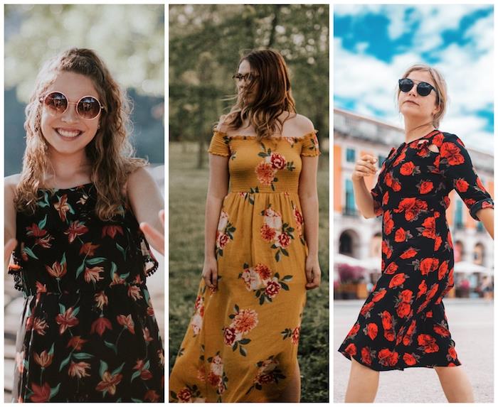اتجاهات الموضة ، صور جنبًا إلى جنب لثلاث نساء ، يرتدين جميعًا فساتين بزخارف نباتية ، يرتدين نظارة شمسية