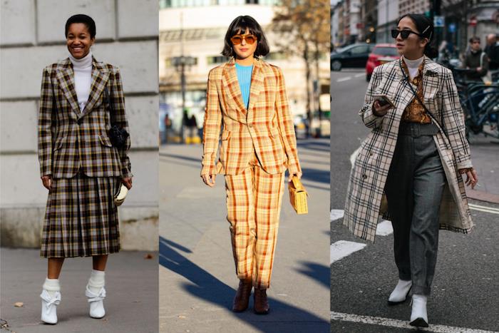 صور جنبًا إلى جنب لثلاث أزياء مختلفة ، اتجاهات الموضة لعام 2019 ، ثلاث نساء يرتدين جميع البدلات المنقوشة ، يسرن في الشارع