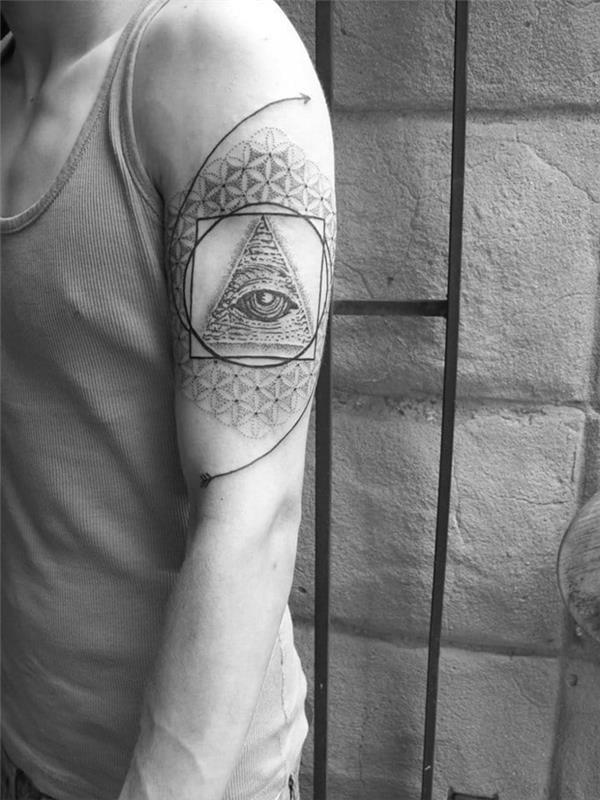 bodkované tetovanie kombinujúce geometrické tvary a symbol oka