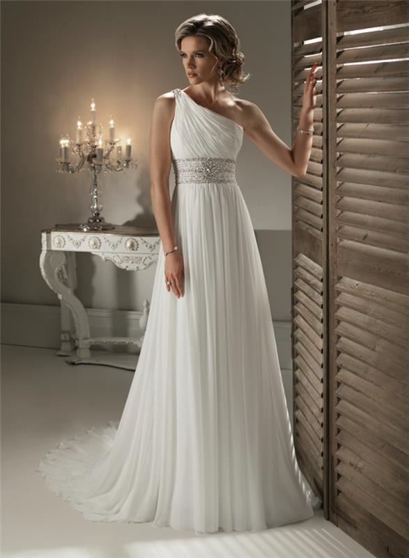 vznešené grécke svadobné šaty s asymetrickým ramenom, svadobné šaty s empírovým pásom