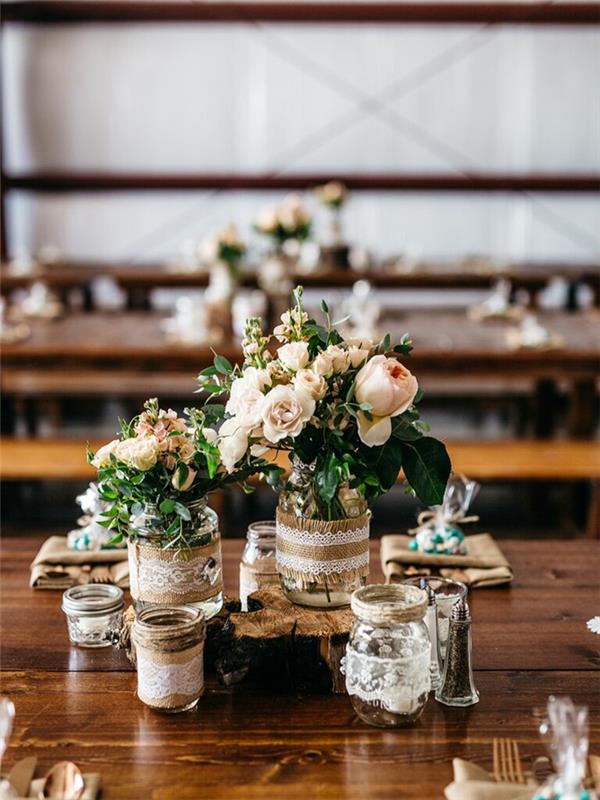 Shabby chic vas deco spets och blommor rustikt bröllop mittpunkt, original rustik bröllop dekor