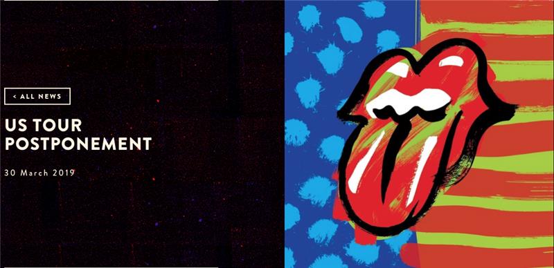 snímka obrazovky webu Rolling Stones, ktorý oznámil, že kvôli zdravotným problémom Micka Jaggera musí odložiť turné No Filter USA a Kanada