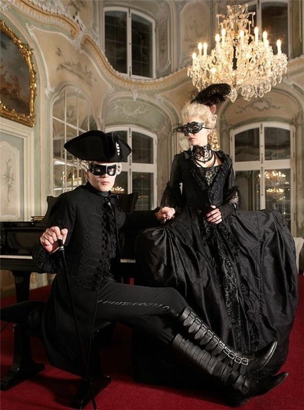 Maskeradbolldräkter för två, barockkrona, svart vintageklänning, karnevaldräkt i Venedig, vuxen kvinna, välj din festliga och moderna outfit