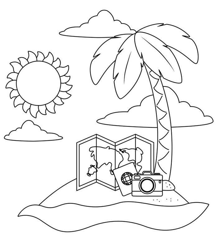 الشمس سحابة النخيل شجرة المناظر الطبيعية الجزيرة عطلة الصيف خريطة العالم السفر كاميرا سهلة تلوين الرسم للطفل