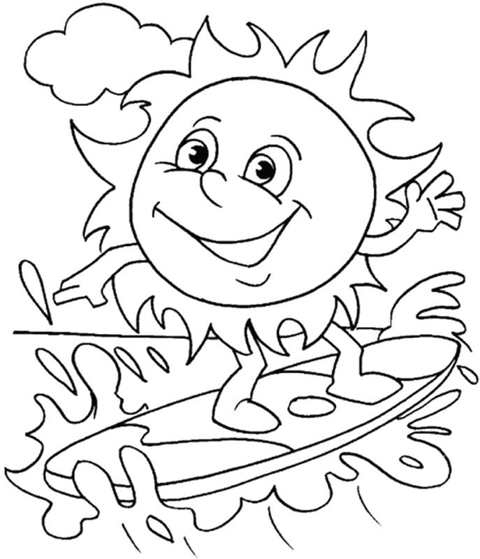 رسم تلوين للاطفال سهل سحابة شمس تصفح موجات البحر الراحة على الشاطئ عطلة الصيف رسم قابل للطباعة