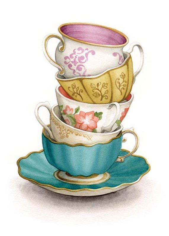 vintage čajové šálky, v rôznych farbách, stopovacia kresba, biele pozadie