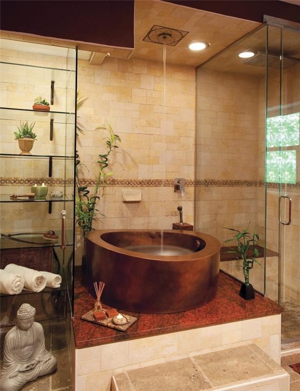 nápad, ako vyzdobiť zenovú kúpeľňu vaňou a sprchovacím kútom, dekoratívne doplnky v ázijskom štýle so soškou a sviečkou