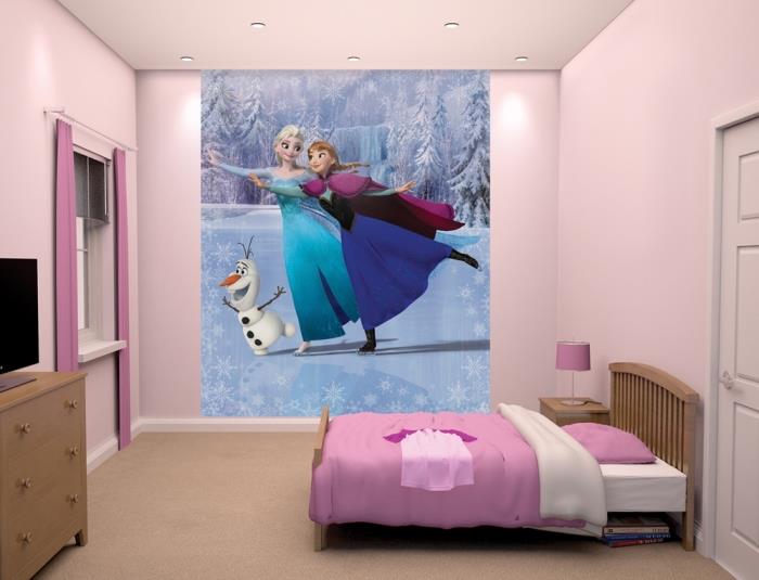 dievčenská skriňa, usporiadanie detskej izby inšpirované Frozen, malá drevená posteľ s ružovo-bielou dekou