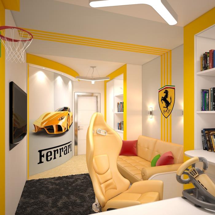 غرفة نوم للمراهقين وغرفة نوم بيضاء مع خطوط صفراء وملصقات مستوحاة من سيارات فيراري وأثاث جلدي أصفر مزين بالأزرار