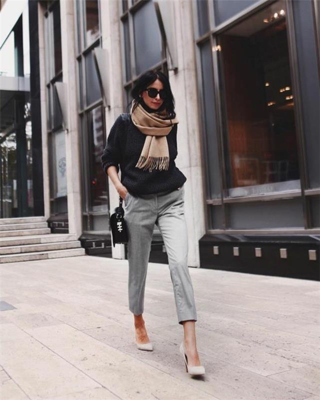 street-style-abbigliamento-donna-pantalone-grigio-maglione-nero-borsa-tracolla-sciarpa-scarpe-tacco-occhiali-da-sole-accessori