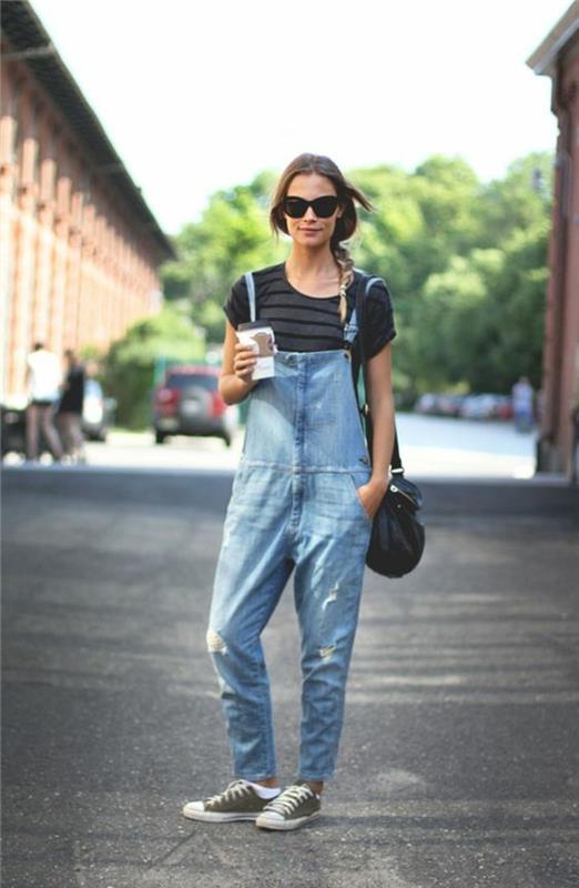 street-style-abbigliamento-ragazza-tuta-jeans-t-shirt-semplice-colore-scuro-scarpe-converse-occhiali-da-sole