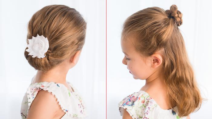 Nápad, ako upraviť svojej dcére dlhé vlasy, drdol alebo polovičný drdol a vrkoč, krásny detský účes, ľahký účes pre stredne dlhé vlasy,