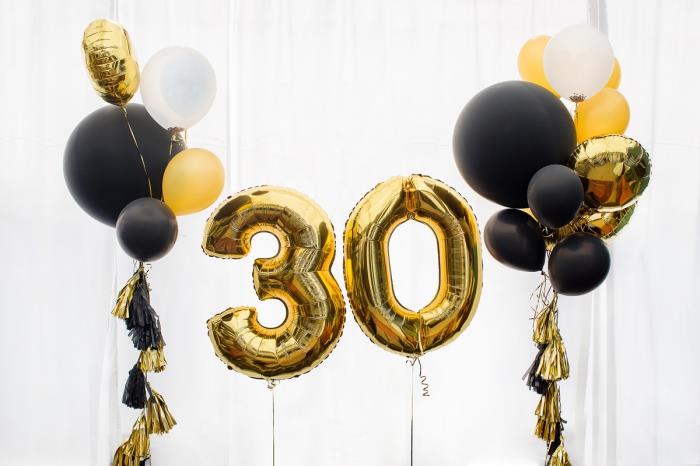 exempel på svart och guld födelsedagsdekoration med heliumballonger, idéer vilka färger att kombinera för en snygg fest