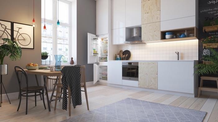 príklad vybavenej kuchyne v dĺžke, biely model kuchyne s drevenými akcentmi a sivou stenou