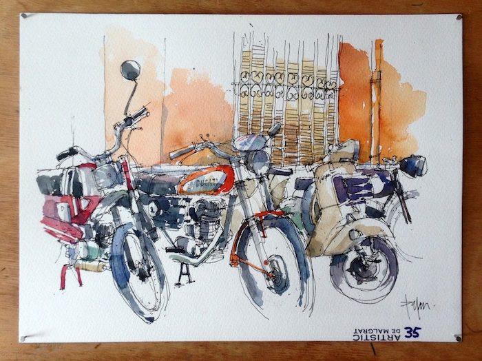 Motorcyklar på gatan, snölandskap, lätt att göra och vacker teckning, akvarell originalmålning