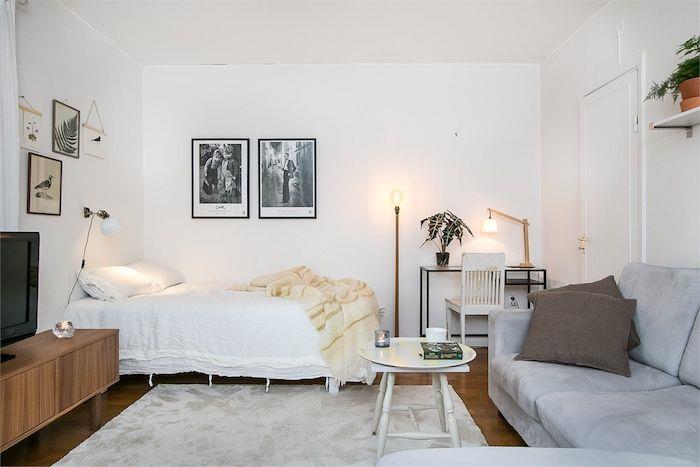 Inredning i skandinavisk stil med grå soffa och vit säng, svartvitt bildramvägg, TV -skåp i trä, ljusgrå matta