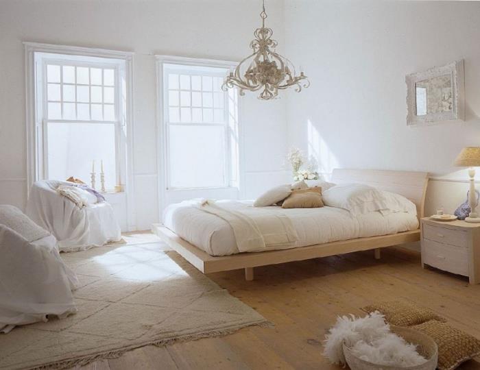 hur man dekorerar det vuxna sovrummet med vita väggar och trägolv med kokande tillbehör