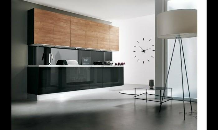 ultramoderný štýl-kuchyňa-farba-antracitová-biela-farba na stenu-drevené-skrine-zaujímavý-dizajn-osvetlenie