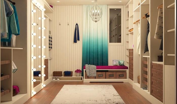 Deco idé föräldra sovrum omklädning hörn inspiration dekoration bänk för sittplatser färgglada gardiner
