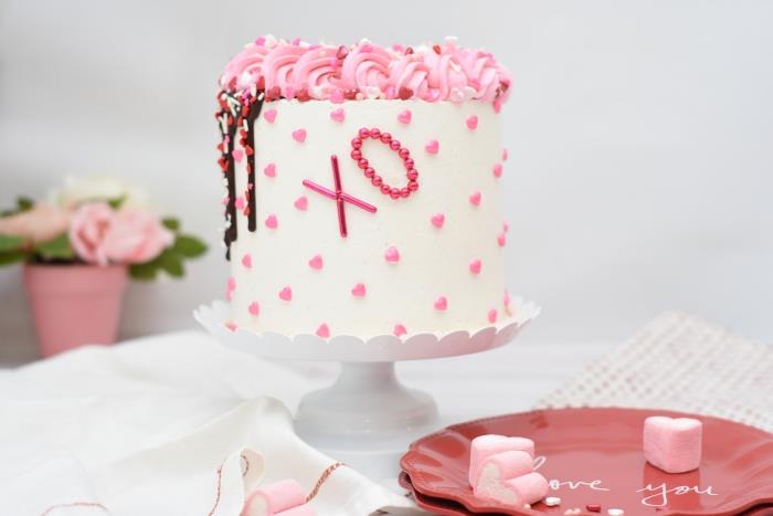 jednoduchý nápad na dezert pre domáce valentínske menu, šablóna bieleho koláča s ružovými jedlými perlami