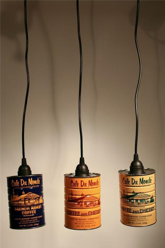 originallampa tillverkad av vintage plåtburk, tre anpassade lampor, industriell stil