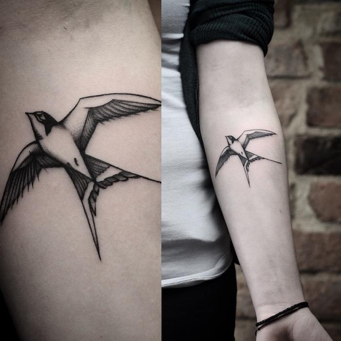 flygande svala, tegelvägg, sida vid sida foton, inre tatueringar under underarmen, vit skjorta